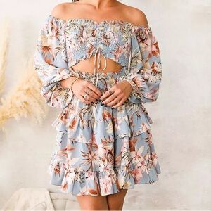 Privy Blue Floral Off-Shoulder Mini Dress